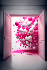 door to the room, illustration of a room with lots of pink balloons, image created with ai