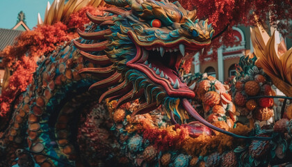 Fototapeta premium Vibrant dragon sculpture symbolizes Chinese spirituality and culture generated by AI
