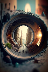 illustration of a portal to another dimension, in the vortex you can see people walking, image created with ai