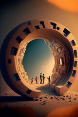 person in the tunnel, illustration of a portal to another dimension, in the vortex you can see people walking, image created with ai