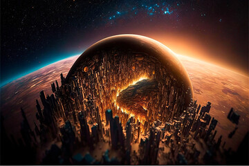 illustration of a large meteorite impacting on a planet, image created with ai