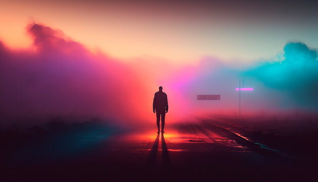 silhouette of a man, illustration of the silhouette of a man walking along the road in the golden hour, illustration with blue and pink tones. Image created with ai