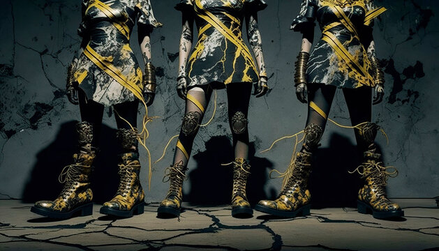 half lower body illustration of three girls with clothes and boots with post punk decoration, image created with ai