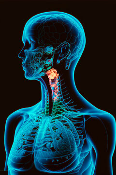 3d Rendered Illustration, 3d Illustration Of A Human Body In Blue Tones With A Tumor Located In The Throat, Image Created With Ai