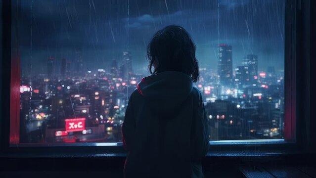 Sad girl by the window looking at the storm outside. Rainy night. Young anime woman looking at the city light. Sad and moody feelings. Unhappy pretty girl crying. Lo-fi hip hop type beats video loop.