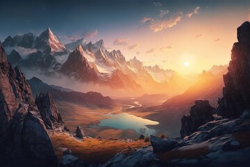 Scenic sunrise in the high mountains of the alps background. Generative ai.