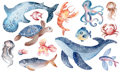 Watercolor illustrations of underwater marine animals octopus, seahorse, crab, starfish, jellyfish. Marine inhabitants of the underwater world. illustration, education, postcard, sticker, sublimation.