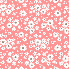 Seamless floral pattern with white flowers on pink background. Vector illustration. Ditsy style. Design for fabric, wrapping paper, background, wallpaper, kids fashion.