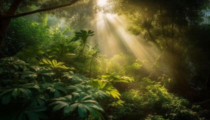Tranquil scene of a tropical rainforest generated by AI