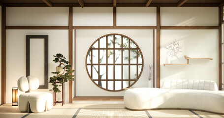 Minimalist japandi style living room decorated with sofa