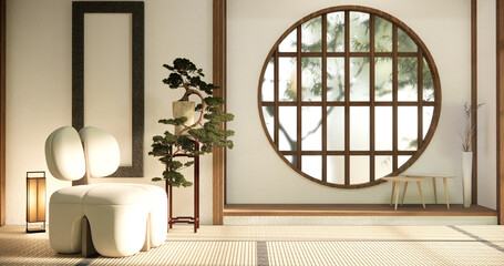 Minimalist japandi style living room decorated with sofa