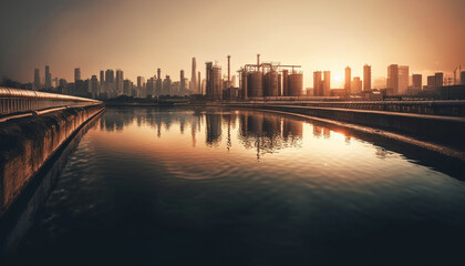 Fototapeta na wymiar Modern skyline reflects city growth at dusk generated by AI