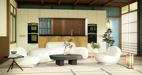 Minimalist japandi style living room decorated with sofa