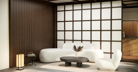 Fototapeta na wymiar Minimalist japandi style living room decorated with sofa