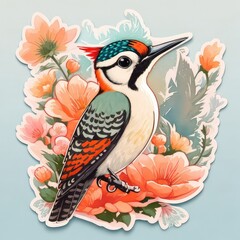 bird on a branch with flowers AI 