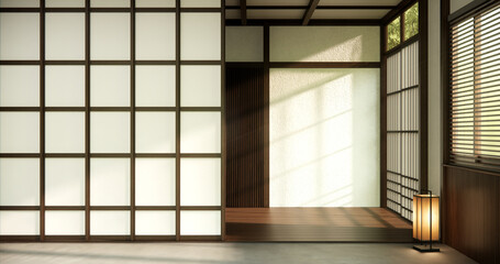 Japan room ,Muji style, Empty wooden room,Cleaning japandi room interior