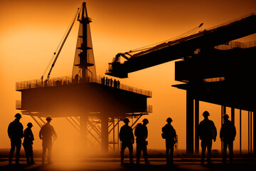 Silhouette of Engineer or worker wearing helmet, hardhat, goggles at bridge building, oil derrick. site background, construction site at sunset in evening time. Generative ai.