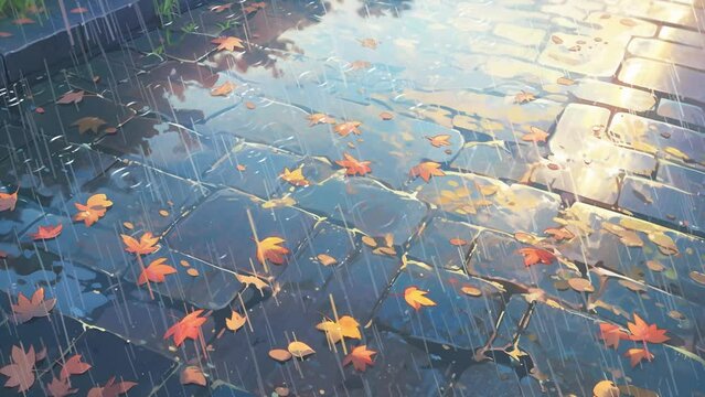 Rain is falling down on the flooded sidewalk with autumn leaves laying on the pavement, anime art, loop animation