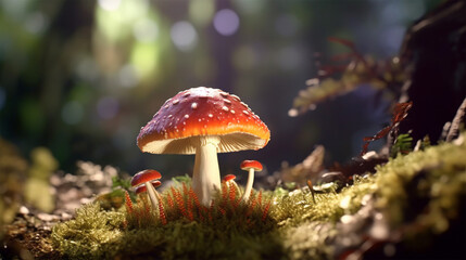 Fototapeta premium photo of red mushrooms in the forest, generative ai