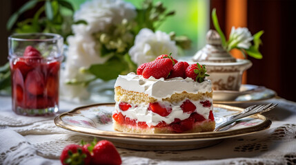 Obraz na płótnie Canvas photo of strawberry cake on decorated table, generative ai