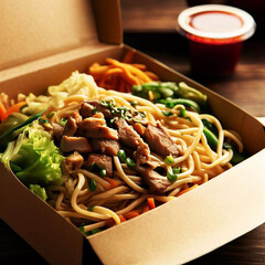 Noodles with pork and vegetables in take-out box on wooden table - obrazy, fototapety, plakaty