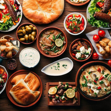 Selection of traditional greek food salad, meze, pie, fish, tzatziki, dolma on wood background, top view