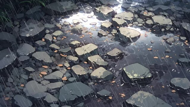 Rainwater in the forest with rocks and leaves, anime style loop animation