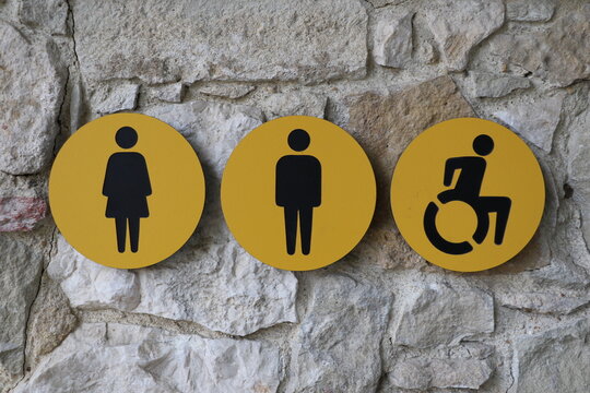 Signal&eacute;tique de toilettes avec pictogrammes homme, femme et personne handicap&eacute;e accessible
