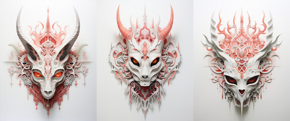 Surreal cat mask on white background.