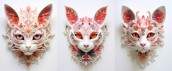 Surreal cat mask on white background.