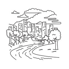 Mono line illustration of Buffalo Bayou Park located along the banks of the Buffalo Bayou near Downtown Houston, Texas in the United States of America USA done in monoline line art style.