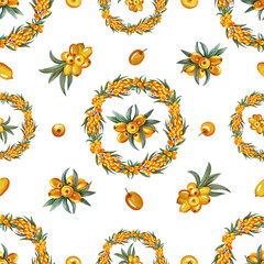 Branches with sea buckthorn berries. Seamless pattern. watercolor hand drawn illustration. On a white background. For cosmetology, pharmaceuticals, food industry. For packaging, printing and labels.