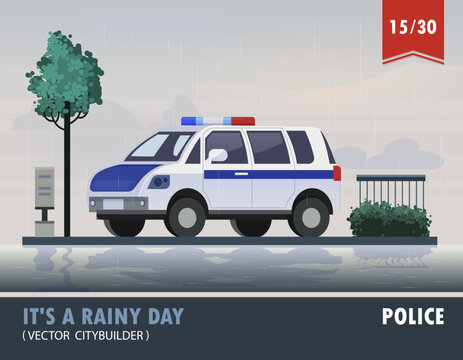Vector police car. Set of cartoon illustrations. The police car is on the road.
