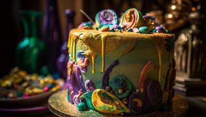 Multi colored birthday cake with ornate decoration generated by AI