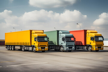 Fototapeta na wymiar 3 cargo trailer trucks in yellow, green, red colors unload at logistics centers.