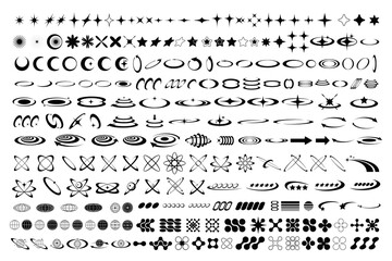 Set of abstract isolated retro futuristic geometric elements in y2k style. Collection with symbols and shapes for template, poster, web, landing page, stickers