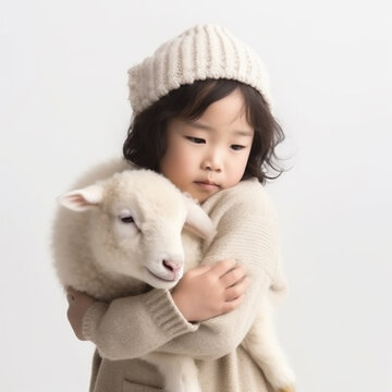 Young Asian girl hugging a sheep. Generative ai.