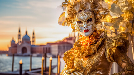 Obraz na płótnie Canvas Carnevale elaborate masks and imaginative costumes at the Venice Carnival, Italy, Generative AI