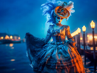 Fototapeta premium Carnevale elaborate masks and imaginative costumes at the Venice Carnival, Italy, Generative AI