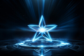 blauer Stern mit Lichteffekten auf dunklem Hintergrund. Querformat. Generative Ai.