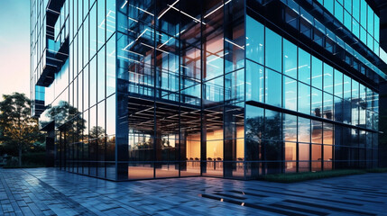 Glass facade of a modern office building at sunset