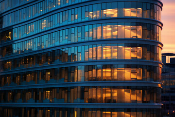 Obraz premium Glass facade of a modern office building at sunset