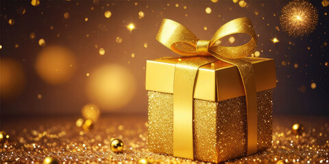 Gold gift boxes and gold glitter particles with bokeh light background,Generative AI.