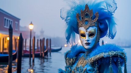 Fototapeta na wymiar Carnevale elaborate masks and imaginative costumes at the Venice Carnival, Italy, Generative AI