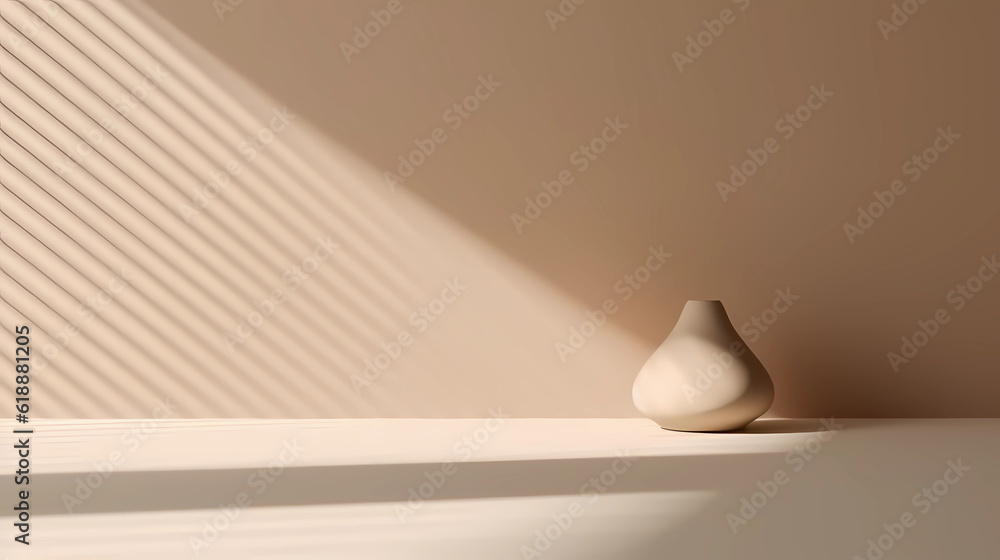 Poster light beige minimalist empty room with shadows of window for product presentation.