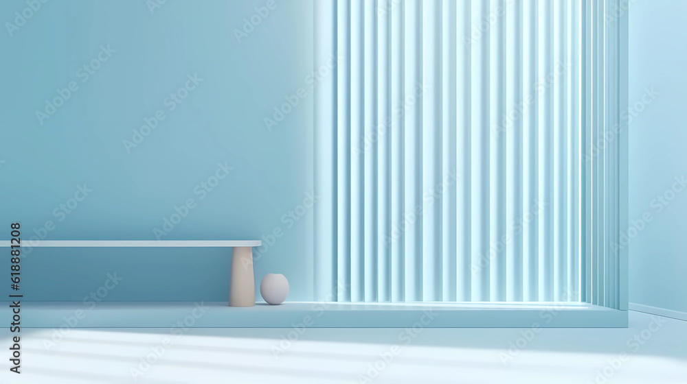 Poster light blue minimalist empty room with shadows of window for product presentation.