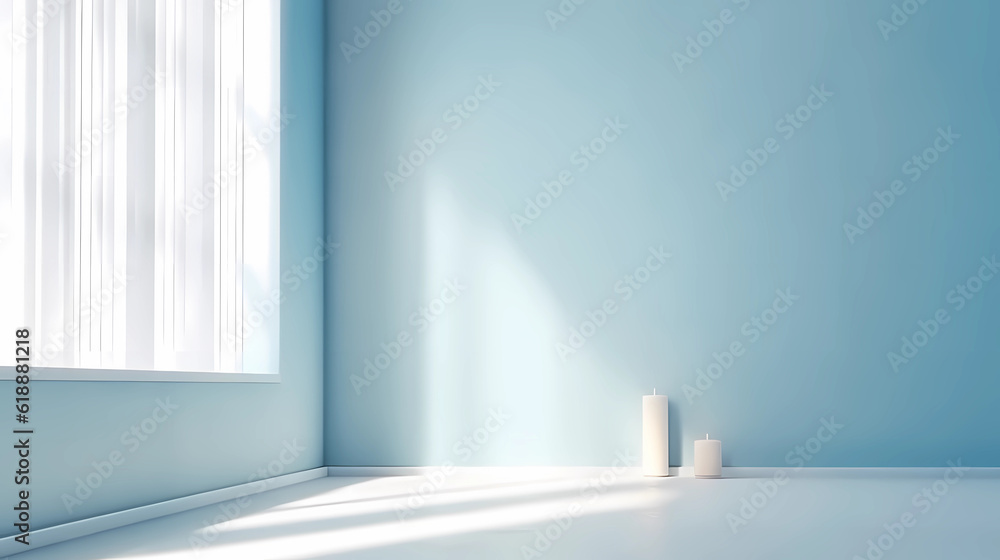Poster light blue minimalist empty room with shadows of window for product presentation.