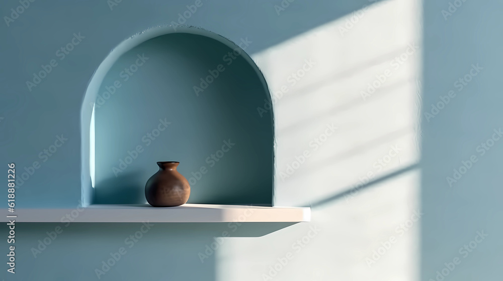 Poster light blue minimalist empty room with shadows of window for product presentation.