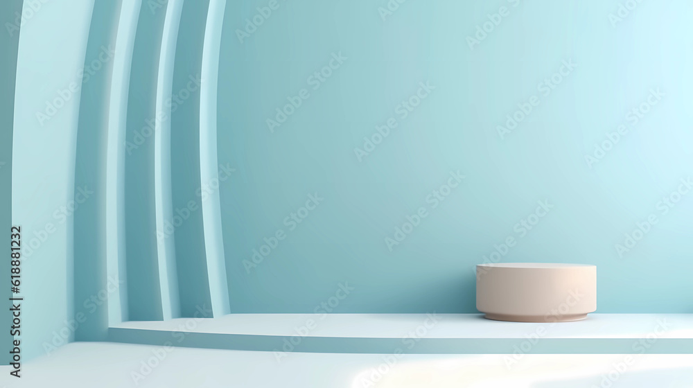 Poster light blue minimalist empty room with shadows of window for product presentation.