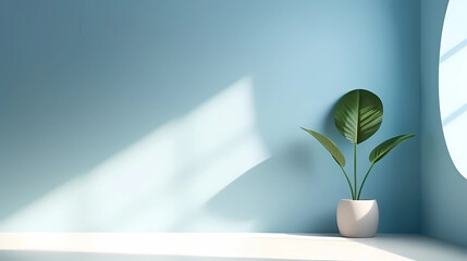 Minimalist abstract light blue background with vase for product presentation with light and shadow on wall
